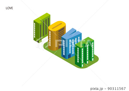 楽しい街並みと暮らしの風景。人々が明るく暮らせる建物と街づくり。アルファベットの可愛いビル。 90311567