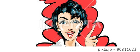 60年代レトロアメコミ青い髪の美熟女が指をさして大袈裟な宣伝をするイラストと吹出し 90311623