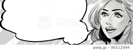 現代アメコミ風ブロンド美女が驚く顔どアップイラストと吹き出し 90312094