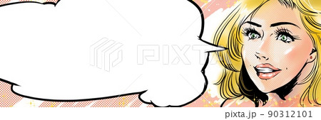 現代アメコミ風ブロンド美女が驚く顔どアップイラストと吹き出し 90312101