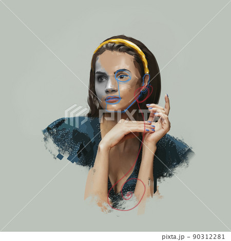 Creative art collage. Young woman's portrait over gray background. Poster graphics. combination of photo and illustration. Ideas, inspiration, fashion and emotions concept. 90312281