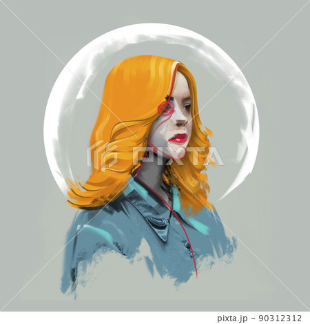 Creative art collage. Young woman's portrait over gray background. Poster graphics. combination of photo and illustration. Ideas, inspiration, fashion and emotions concept. 90312312