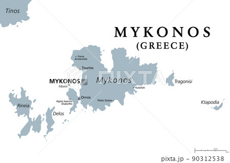 Mykonos, an island of Greece, gray political map. Greek island in the Aegean Sea, and part of the Cyclades. Nicknamed The Island of the Winds, known as gay-friendly destination with vibrant nightlife. Mykonos, an island of Greece, gray political map. Greek island in the Aegean Sea, and part of the Cyclades. Nicknamed The Island of the Winds, known as gay-friendly destination with vibrant nightlife. 90312538