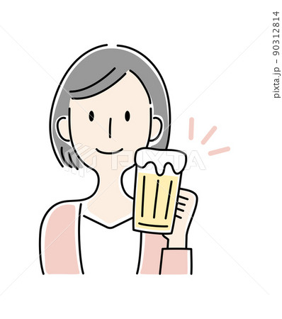 手描き風 ビールを飲む笑顔の女性のベクターイラストのイラスト素材