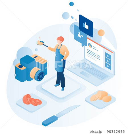 Food blogger cooking vector chef making pancakes 90312956