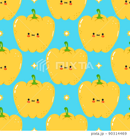 Cute funny yellow pepper pattern character. Vector hand drawn cartoon kawaii character illustration icon. Isolated on blue background. Pattern yellow pepper character concept 90314469
