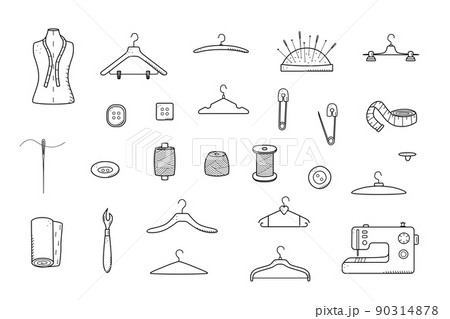 Tools for sewing and needlework. Doodle icon set tailoring, vector illustration thread needles mannequin sewing machine hangers buttons Tools for sewing and needlework. Doodle icon set tailoring, vector illustration thread needles mannequin sewing machine hangers buttons 90314878
