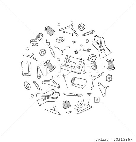 Tools for sewing and needlework. Doodle icon set tailoring, vector illustration thread needles mannequin sewing machine hangers buttons Tools for sewing and needlework. Doodle icon set tailoring, vector illustration thread needles mannequin sewing machine hangers buttons 90315367