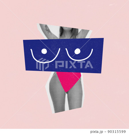 Contemporary art collage. Conceptual image with female body and drawn breast elements isolated over pink background Contemporary art collage. Conceptual image with female body and drawn breast elements isolated over pink background 90315599