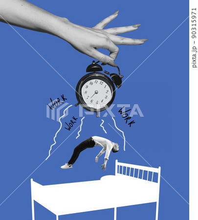 Huge female hand wakes up man for work on blue background. Contemporary art collage. Inspiration, idea, aspiration and fantasy. Surrealism. Huge female hand wakes up man for work on blue background. Contemporary art collage. Inspiration, idea, aspiration and fantasy. Surrealism. 90315971
