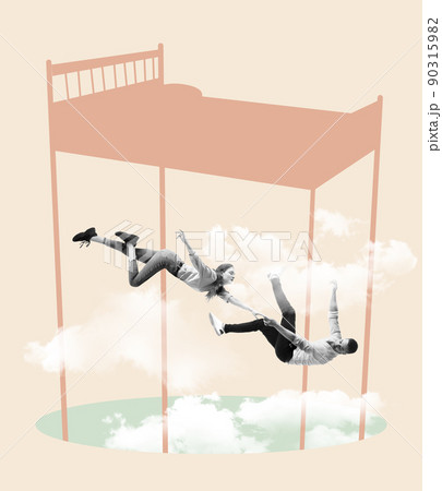 Two people fall into dream, fly and soar in dreams and in invented world. Contemporary art collage. Inspiration, idea, aspiration and fantasy. Surrealism. 90315982