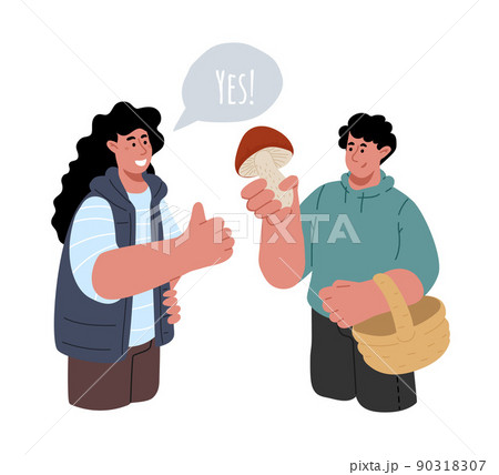 Concept of identify the mushroom.A couple of man and woman trying to identify the species of mushrooms.Vector flat illustration. Concept of identify the mushroom.A couple of man and woman trying to identify the species of mushrooms.Vector flat illustration. 90318307