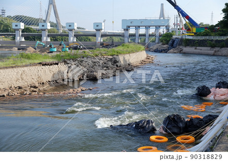 仮設ポンプからの水の吸い上げをする（明治用水頭首工、漏水問題　愛知県 豊田市） 90318829