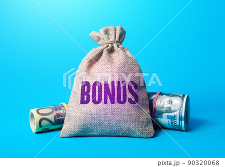 Money bag with word bonus. Rewarding employees with financial benefits. Receive rewards and preferences. Salary increase, promotions at work. Favorable purchase and special offers. 90320068