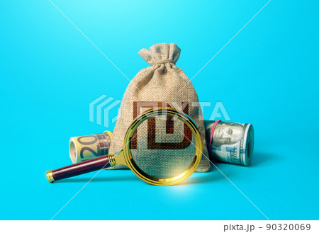 Israeli shekel money bag and magnifying glass. Anti money laundering, tax evasion. Deposit or loan terms and conditions. Find investment funds for business project. Investigating capital origins. 90320069
