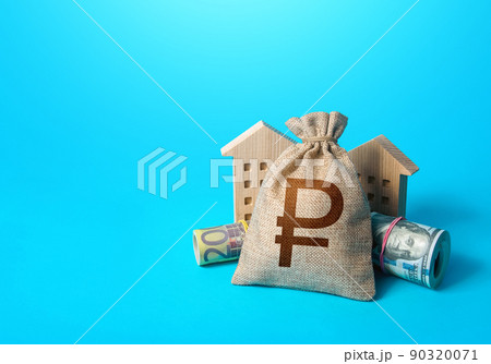Houses and russian ruble money bag. Building up capital, saving from inflation risks. Real estate. Savings. Declaration, taxes payment. Bookkeeping and accounting. Asset, financial resource management 90320071