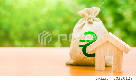 Ukrainian hryvnia money bag and house. Cash compensation for damaged and destroyed housing due to warfare. Reparations. Construction and restoration of infrastructure. Donating money for recovery 90320125