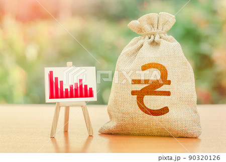 Ukrainian hryvnia money bag and falling graph. Economy fall due to the invasion of Russia. Decrease in income, exit of investors. High risks. Low incomes and budget receipts. Economic blockade 90320126