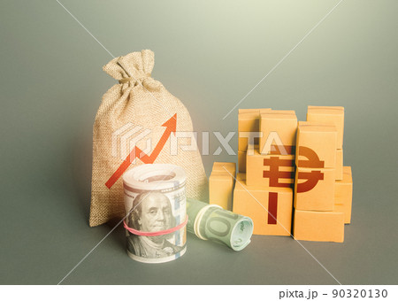 Philippine peso symbol with goods and an arrow up. Import export. Increase in budget revenues. Increasing consumption, trade balance. Economy growth. High sales. Growing profits. Philippine peso symbol with goods and an arrow up. Import export. Increase in budget revenues. Increasing consumption, trade balance. Economy growth. High sales. Growing profits. 90320130