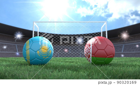 Two soccer balls in flags colors on stadium blurred background. Kazakhstan and Belarus. 3d image 90320169