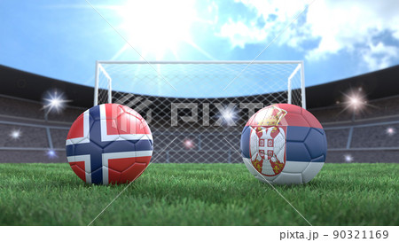 Two soccer balls in flags colors on stadium blurred background. Norway and Serbia. 3d image Two soccer balls in flags colors on stadium blurred background. Norway and Serbia. 3d image 90321169
