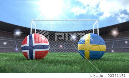 Two soccer balls in flags colors on stadium blurred background. Norway and Sweden. 3d image Two soccer balls in flags colors on stadium blurred background. Norway and Sweden. 3d image 90321171