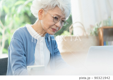 リビングでパソコンに向かうシニア女性 90321942