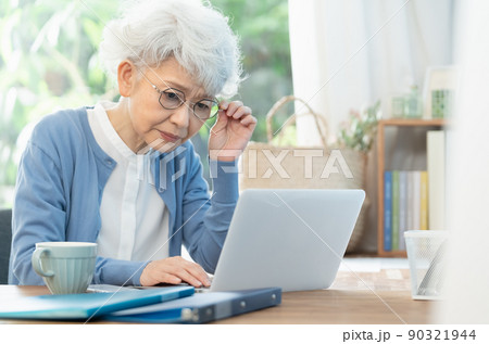 リビングでパソコンに向かうシニア女性 90321944