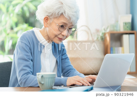 リビングでパソコンに向かうシニア女性 90321946