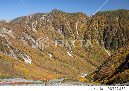 〔長野県／岐阜県・10月〕槍沢コース天狗原付近からの眺め　黄金に輝く西岳（中央） 90322885