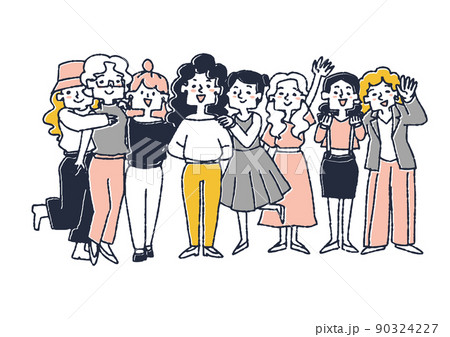 イキイキとしている着飾ったおしゃれな女性たち　コミカルな手書きの人物　ベクター、温かみのある線画 90324227