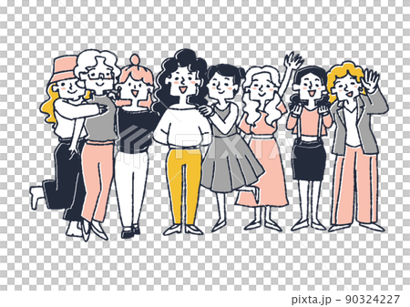 イキイキとしている着飾ったおしゃれな女性たち　コミカルな手書きの人物　ベクター、温かみのある線画 90324227