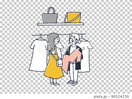 アパレルショップで店員におすすめの服を紹介してもらう女性　コミカルな手書きの人物 90324230