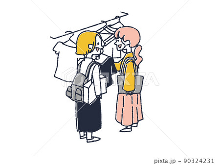 友人と洋服を探しに来た女性　コミカルな手書きの人物　ベクター、温かみのある線画 90324231