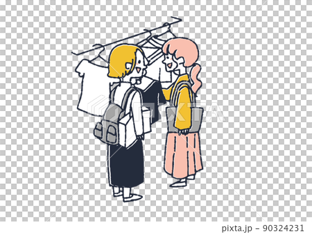 友人と洋服を探しに来た女性　コミカルな手書きの人物　ベクター、温かみのある線画 90324231