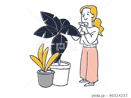 観葉植物にスプレーで水を上げる女性　グリーンのあるリラックスした時間　コミカルな手書きの人物 90324237
