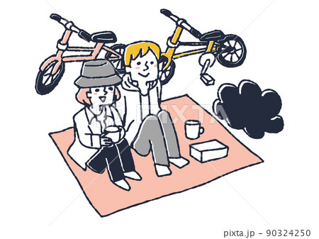 自転車でピクニックに来たカップル アウトドアでリラックスした休日を過ごす コミカルな手書きの人物のイラスト素材