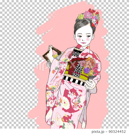 Shichigosan, a 7-year-old girl in a kimono with a flowing eye 90324452