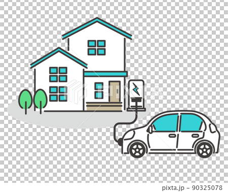 家で充電をする電気自動車のベクターイラスト素材／EV／エコ／チャージ 90325078