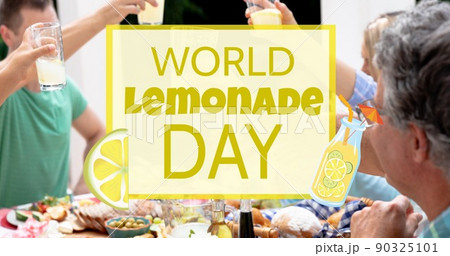 Composite of world lemonade day text and caucasian friends toasting lemonade at gathering 90325101