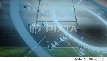Image of scope scanning over rugby balls falling with argentina text at stadium Image of scope scanning over rugby balls falling with argentina text at stadium 90325809