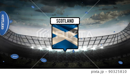 Image of confetti and flag of scotland over rugby balls falling at stadium Image of confetti and flag of scotland over rugby balls falling at stadium 90325810