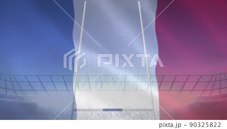 Image of flag of france and confetti over rugby balls falling at stadium Image of flag of france and confetti over rugby balls falling at stadium 90325822
