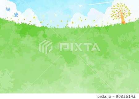 優しい手描きの樹木と鳥と草原の風景イラスト 90326142