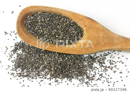 chia seeds in wooden spoon isolated on white background with top view. copy space chia seeds in wooden spoon isolated on white background with top view. copy space 90327396
