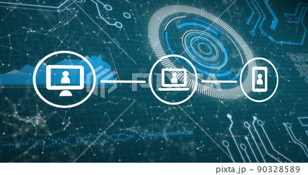 Image of icons with network of connections, scope scanning and data processing 90328589