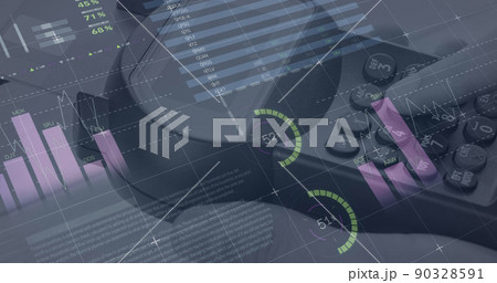 Image of graphs and financial data over hand of caucasian man holding payment terminal Image of graphs and financial data over hand of caucasian man holding payment terminal 90328591