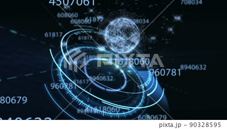 Image of numbers changing, scope scanning and globe 90328595