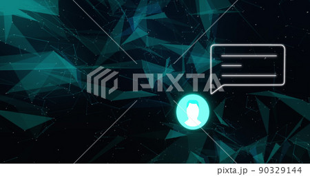 Image of green shapes and social media alert with user icon over black background Image of green shapes and social media alert with user icon over black background 90329144
