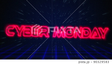 Retro Cyber Monday text glitching over blue and red squares on white hyperspace effect 90329583